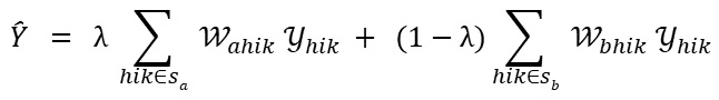 Y-hat은 람다와 집합 s-a에서의 합을 곱한 값과, 1-람다와 집합 s-b에서의 합을 곱한 값의 합입니다.